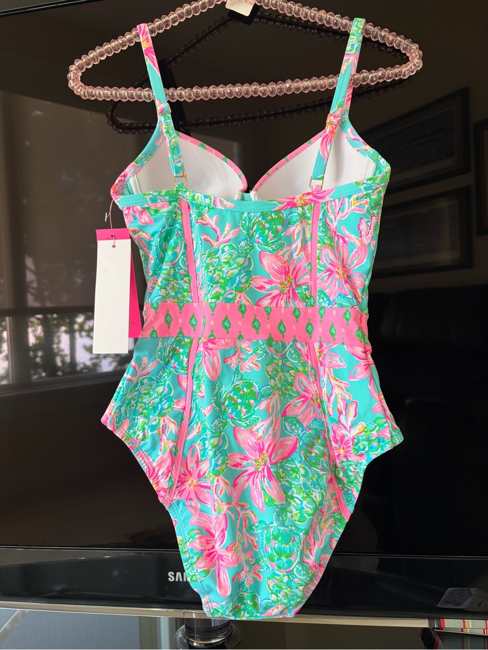 Lilly Pulitzer Palma Pink & Aqua Floral One-Piece Swimsuit with Molded Cups Sz 2 - Picture 2 of 3